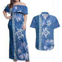Blue Hibiscus Turle Couples Matching Off Shoulder Maxi Dress and Hawaiian Shirt Hawaiian Style Tribal Tapa Pattern LT9 Blue - Polynesian Pride