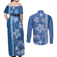 Blue Hibiscus Turle Couples Matching Off Shoulder Maxi Dress and Long Sleeve Button Shirt Hawaiian Style Tribal Tapa Pattern