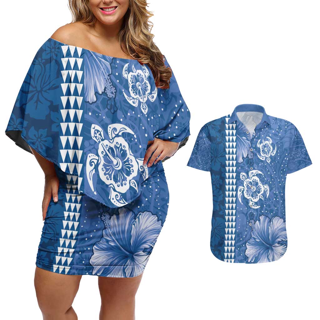 Blue Hibiscus Turle Couples Matching Off Shoulder Short Dress and Hawaiian Shirt Hawaiian Style Tribal Tapa Pattern LT9 Blue - Polynesian Pride