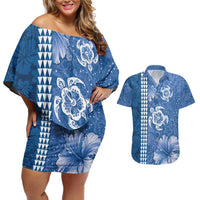 Blue Hibiscus Turle Couples Matching Off Shoulder Short Dress and Hawaiian Shirt Hawaiian Style Tribal Tapa Pattern LT9 Blue - Polynesian Pride