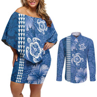 Blue Hibiscus Turle Couples Matching Off Shoulder Short Dress and Long Sleeve Button Shirt Hawaiian Style Tribal Tapa Pattern LT9 Blue - Polynesian Pride