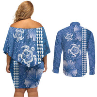 Blue Hibiscus Turle Couples Matching Off Shoulder Short Dress and Long Sleeve Button Shirt Hawaiian Style Tribal Tapa Pattern LT9 - Polynesian Pride