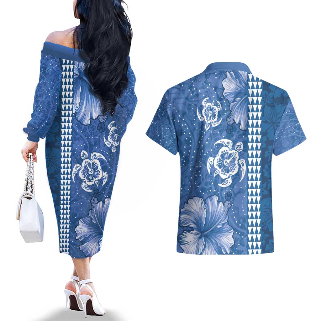 Blue Hibiscus Turle Couples Matching Off The Shoulder Long Sleeve Dress and Hawaiian Shirt Hawaiian Style Tribal Tapa Pattern