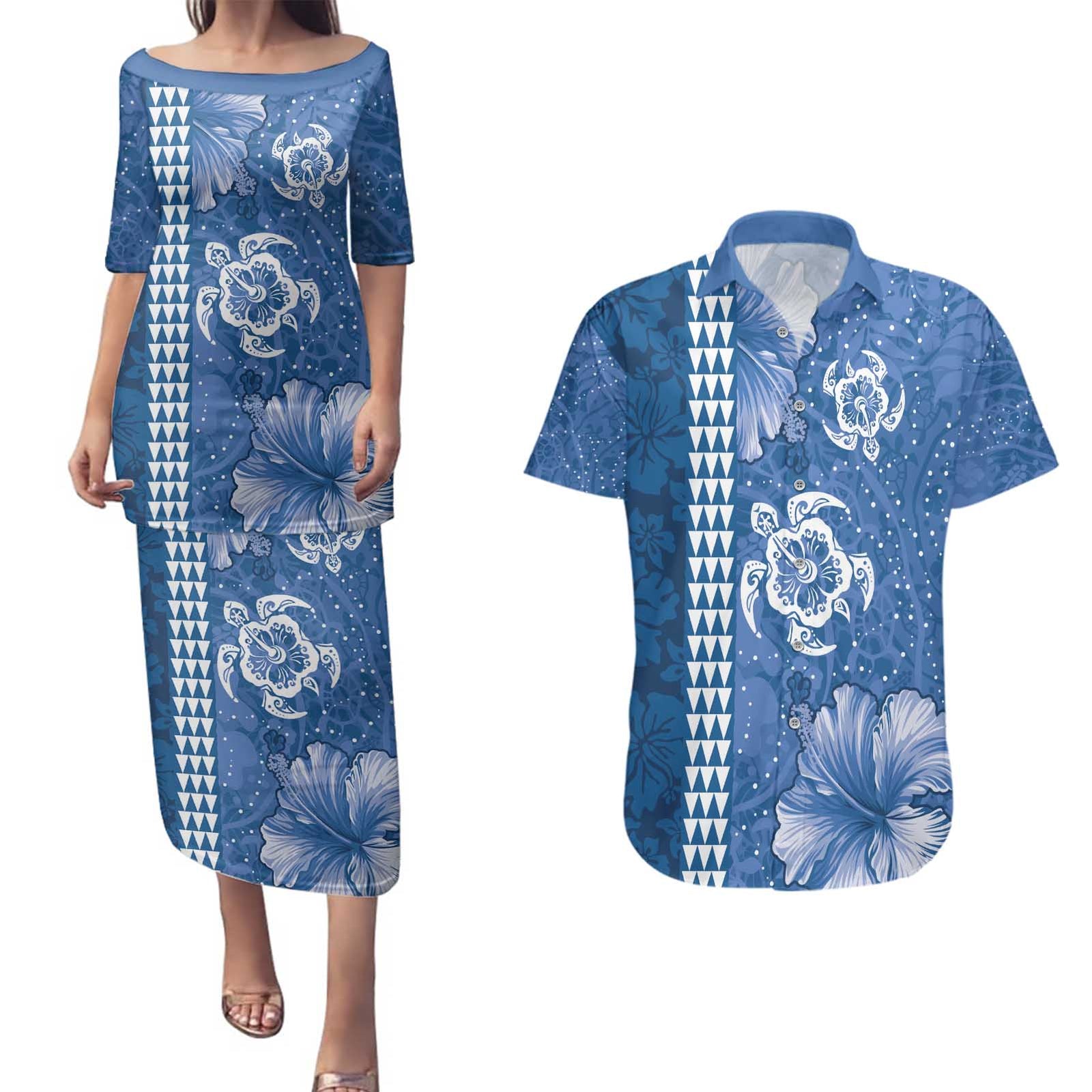 Blue Hibiscus Turle Couples Matching Puletasi and Hawaiian Shirt Hawaiian Style Tribal Tapa Pattern LT9 Blue - Polynesian Pride