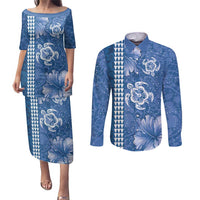 Blue Hibiscus Turle Couples Matching Puletasi and Long Sleeve Button Shirt Hawaiian Style Tribal Tapa Pattern