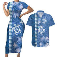 Blue Hibiscus Turle Couples Matching Short Sleeve Bodycon Dress and Hawaiian Shirt Hawaiian Style Tribal Tapa Pattern LT9 Blue - Polynesian Pride