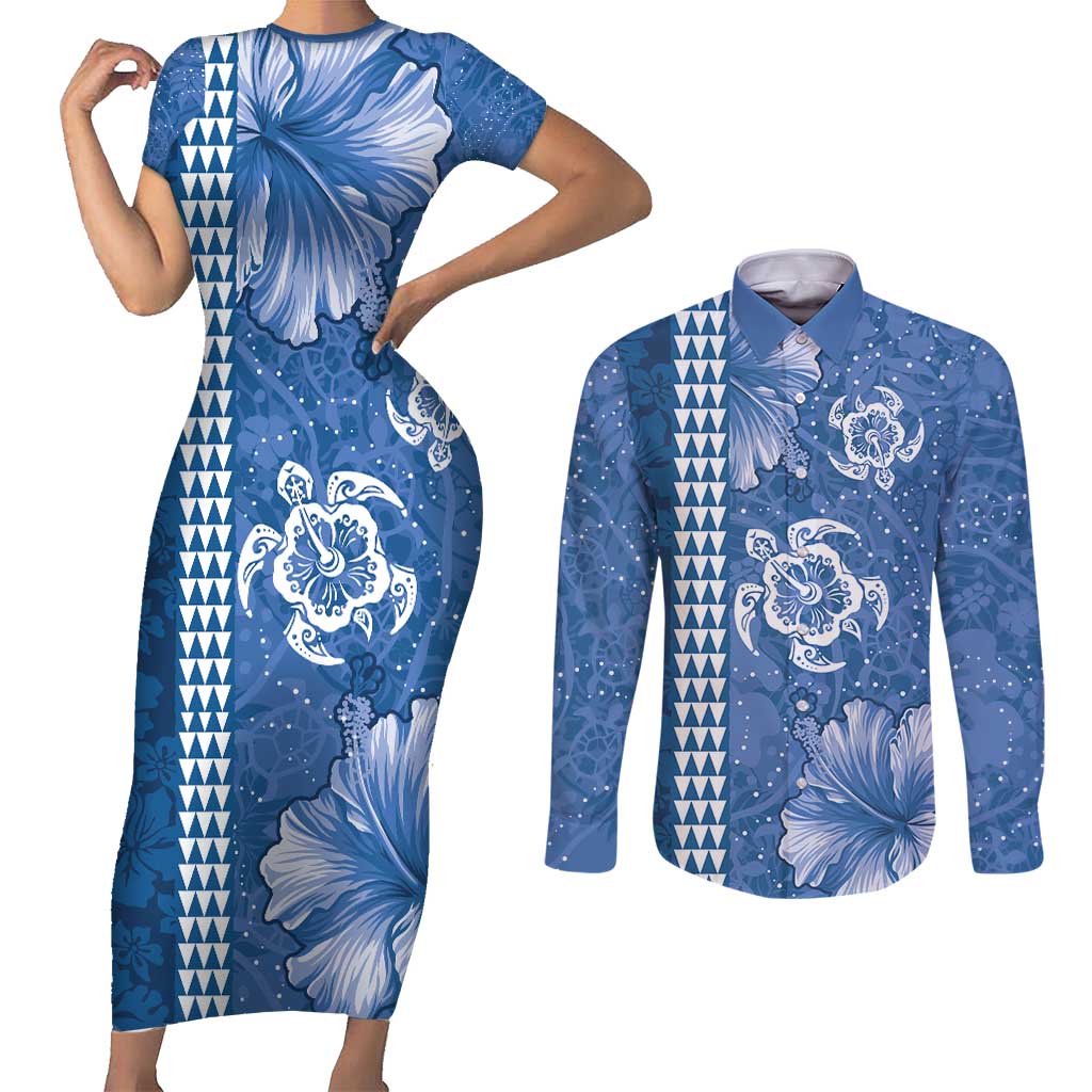 Blue Hibiscus Turle Couples Matching Short Sleeve Bodycon Dress and Long Sleeve Button Shirt Hawaiian Style Tribal Tapa Pattern LT9 Blue - Polynesian Pride
