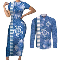 Blue Hibiscus Turle Couples Matching Short Sleeve Bodycon Dress and Long Sleeve Button Shirt Hawaiian Style Tribal Tapa Pattern LT9 Blue - Polynesian Pride