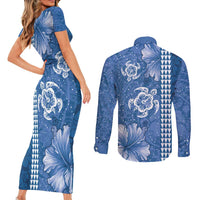 Blue Hibiscus Turle Couples Matching Short Sleeve Bodycon Dress and Long Sleeve Button Shirt Hawaiian Style Tribal Tapa Pattern LT9 - Polynesian Pride
