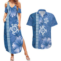 Blue Hibiscus Turle Couples Matching Summer Maxi Dress and Hawaiian Shirt Hawaiian Style Tribal Tapa Pattern LT9 Blue - Polynesian Pride