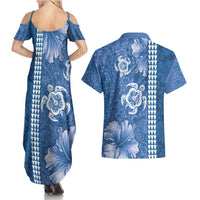 Blue Hibiscus Turle Couples Matching Summer Maxi Dress and Hawaiian Shirt Hawaiian Style Tribal Tapa Pattern LT9 - Polynesian Pride