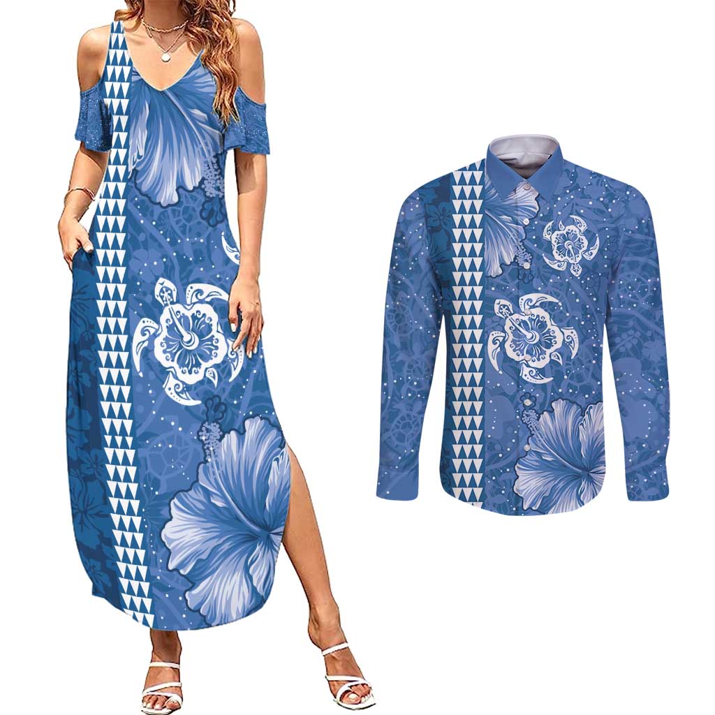 Blue Hibiscus Turle Couples Matching Summer Maxi Dress and Long Sleeve Button Shirt Hawaiian Style Tribal Tapa Pattern LT9 Blue - Polynesian Pride