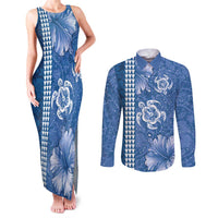 Blue Hibiscus Turle Couples Matching Tank Maxi Dress and Long Sleeve Button Shirt Hawaiian Style Tribal Tapa Pattern LT9 Blue - Polynesian Pride
