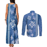 Blue Hibiscus Turle Couples Matching Tank Maxi Dress and Long Sleeve Button Shirt Hawaiian Style Tribal Tapa Pattern LT9 - Polynesian Pride