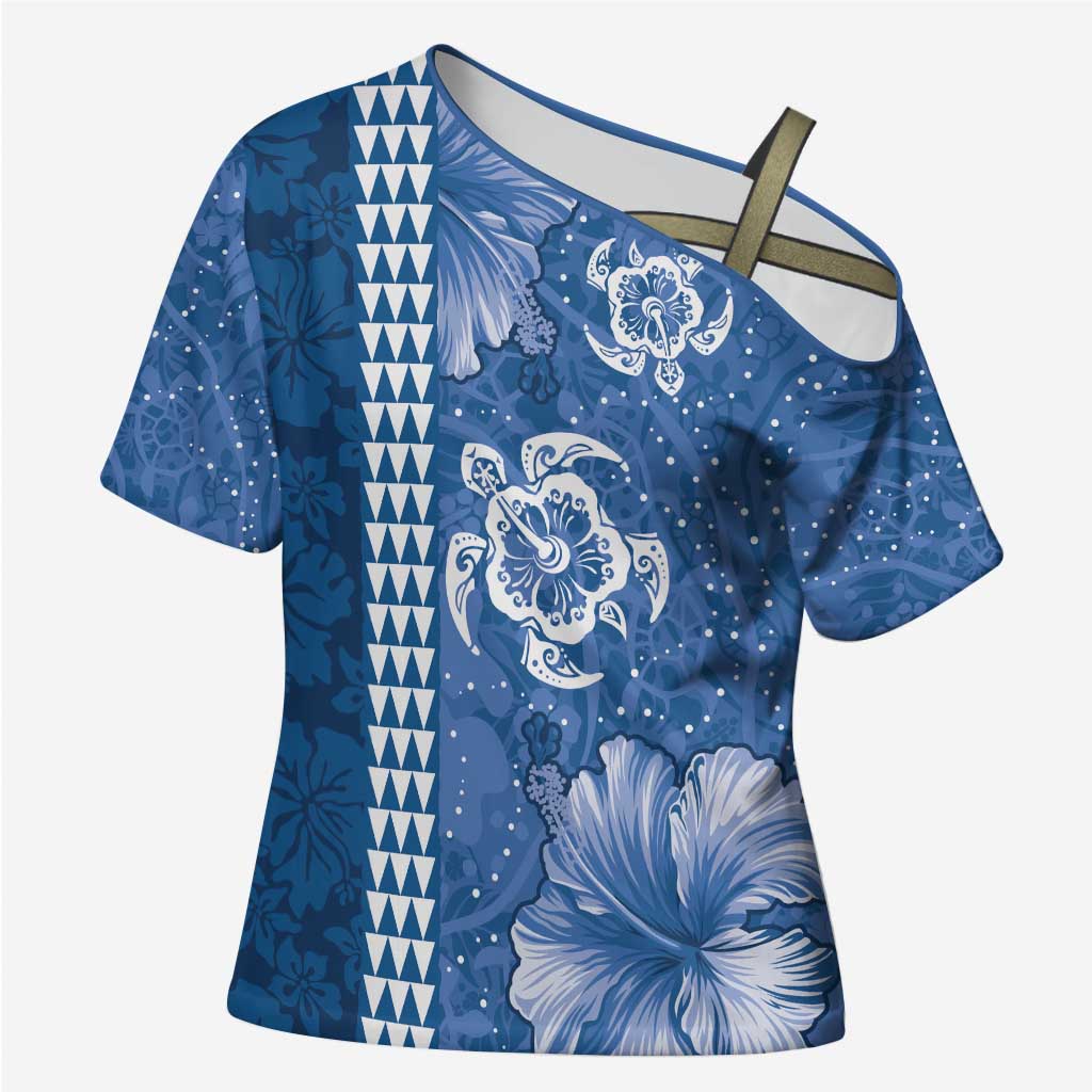 Blue Hibiscus Turle Cross Shoulder Shirt Hawaiian Style Tribal Tapa Pattern LT9 Female Blue - Polynesian Pride