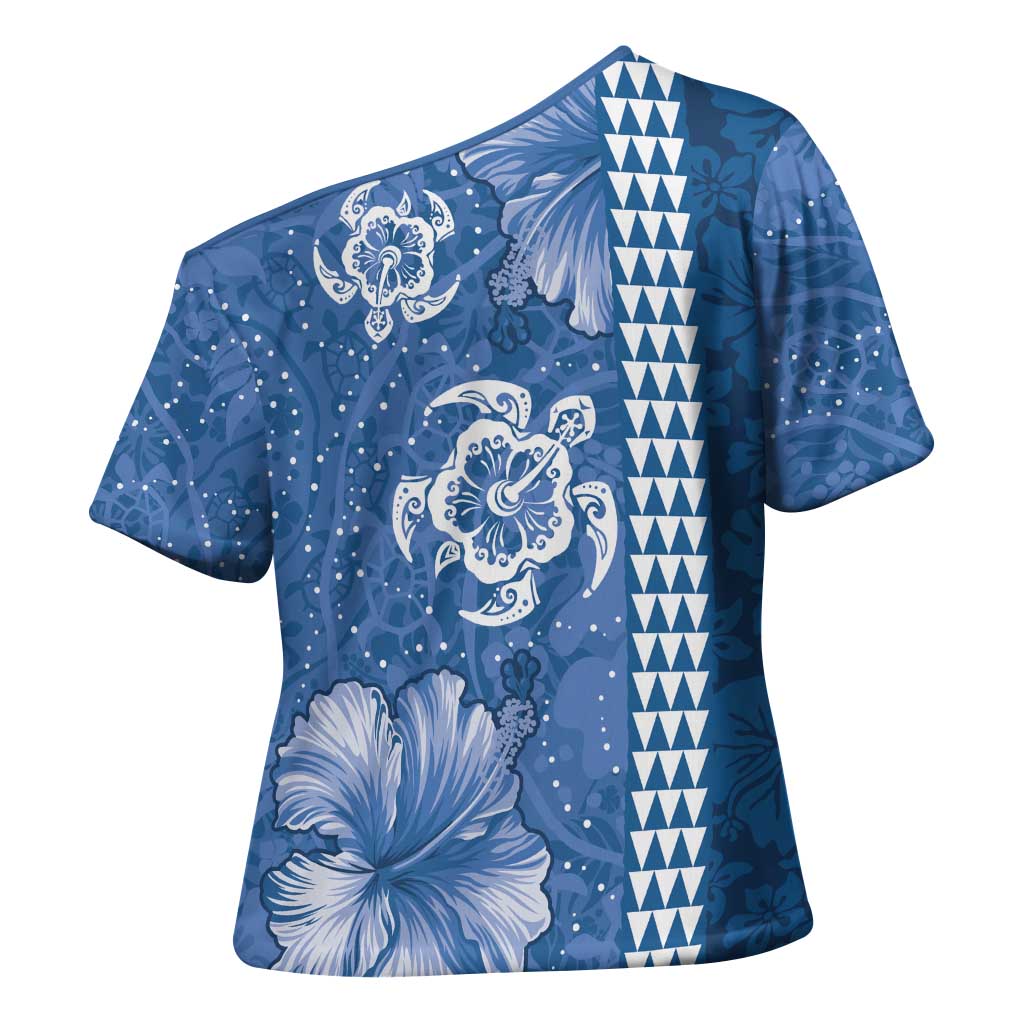 Blue Hibiscus Turle Cross Shoulder Shirt Hawaiian Style Tribal Tapa Pattern - Polynesian Pride