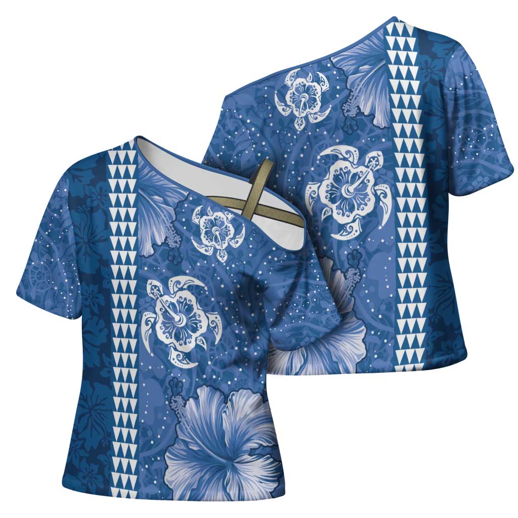 Blue Hibiscus Turle Cross Shoulder Shirt Hawaiian Style Tribal Tapa Pattern - Polynesian Pride