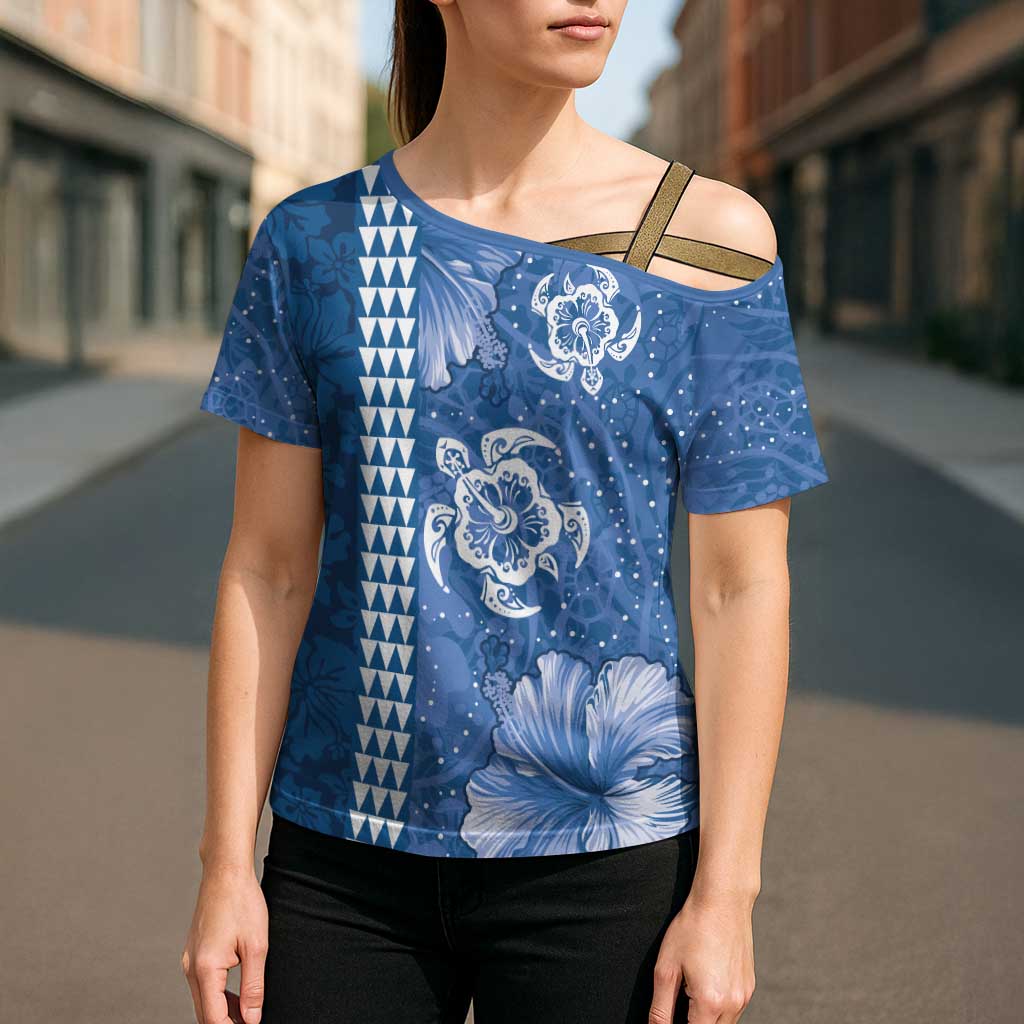 Blue Hibiscus Turle Cross Shoulder Shirt Hawaiian Style Tribal Tapa Pattern - Polynesian Pride