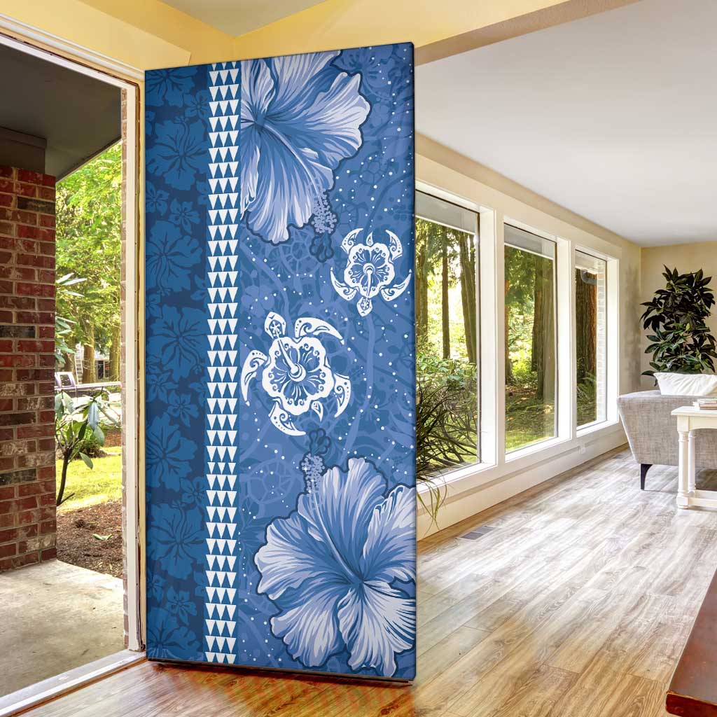 Blue Hibiscus Turle Door Cover Hawaiian Style Tribal Tapa Pattern - Polynesian Pride