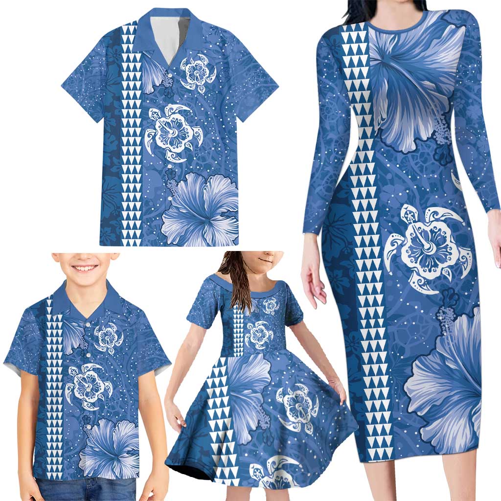 Blue Hibiscus Turle Family Matching Long Sleeve Bodycon Dress and Hawaiian Shirt Hawaiian Style Tribal Tapa Pattern LT9 - Polynesian Pride