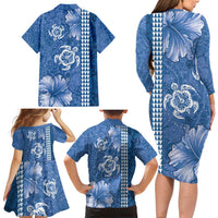 Blue Hibiscus Turle Family Matching Long Sleeve Bodycon Dress and Hawaiian Shirt Hawaiian Style Tribal Tapa Pattern LT9 - Polynesian Pride
