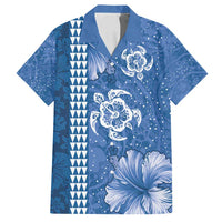 Blue Hibiscus Turle Family Matching Long Sleeve Bodycon Dress and Hawaiian Shirt Hawaiian Style Tribal Tapa Pattern LT9 Dad's Shirt - Short Sleeve Blue - Polynesian Pride