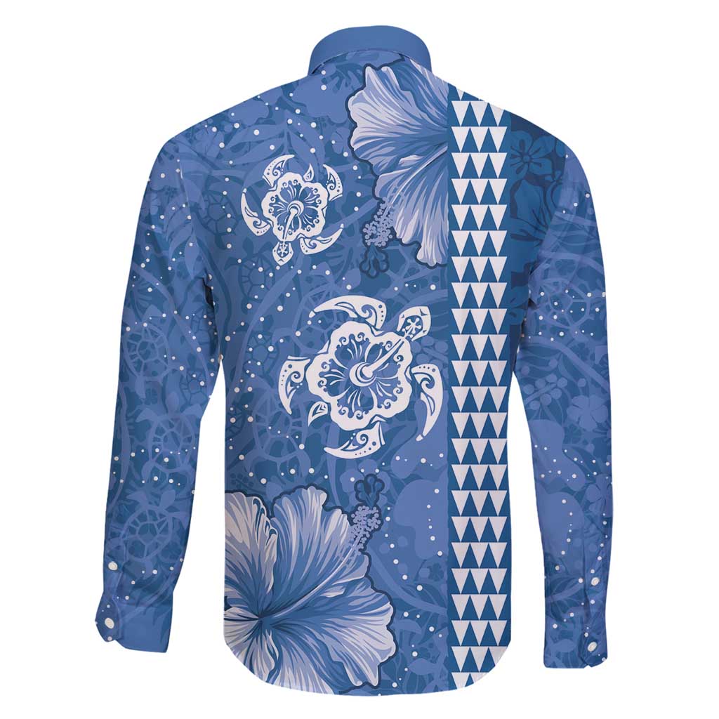 Blue Hibiscus Turle Family Matching Long Sleeve Bodycon Dress and Hawaiian Shirt Hawaiian Style Tribal Tapa Pattern LT9 - Polynesian Pride