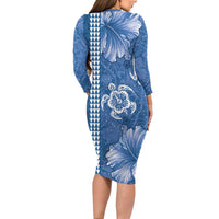 Blue Hibiscus Turle Family Matching Long Sleeve Bodycon Dress and Hawaiian Shirt Hawaiian Style Tribal Tapa Pattern LT9 - Polynesian Pride
