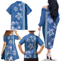 Blue Hibiscus Turle Family Matching Off The Shoulder Long Sleeve Dress and Hawaiian Shirt Hawaiian Style Tribal Tapa Pattern