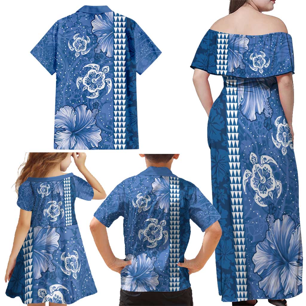 Blue Hibiscus Turle Family Matching Off Shoulder Maxi Dress and Hawaiian Shirt Hawaiian Style Tribal Tapa Pattern