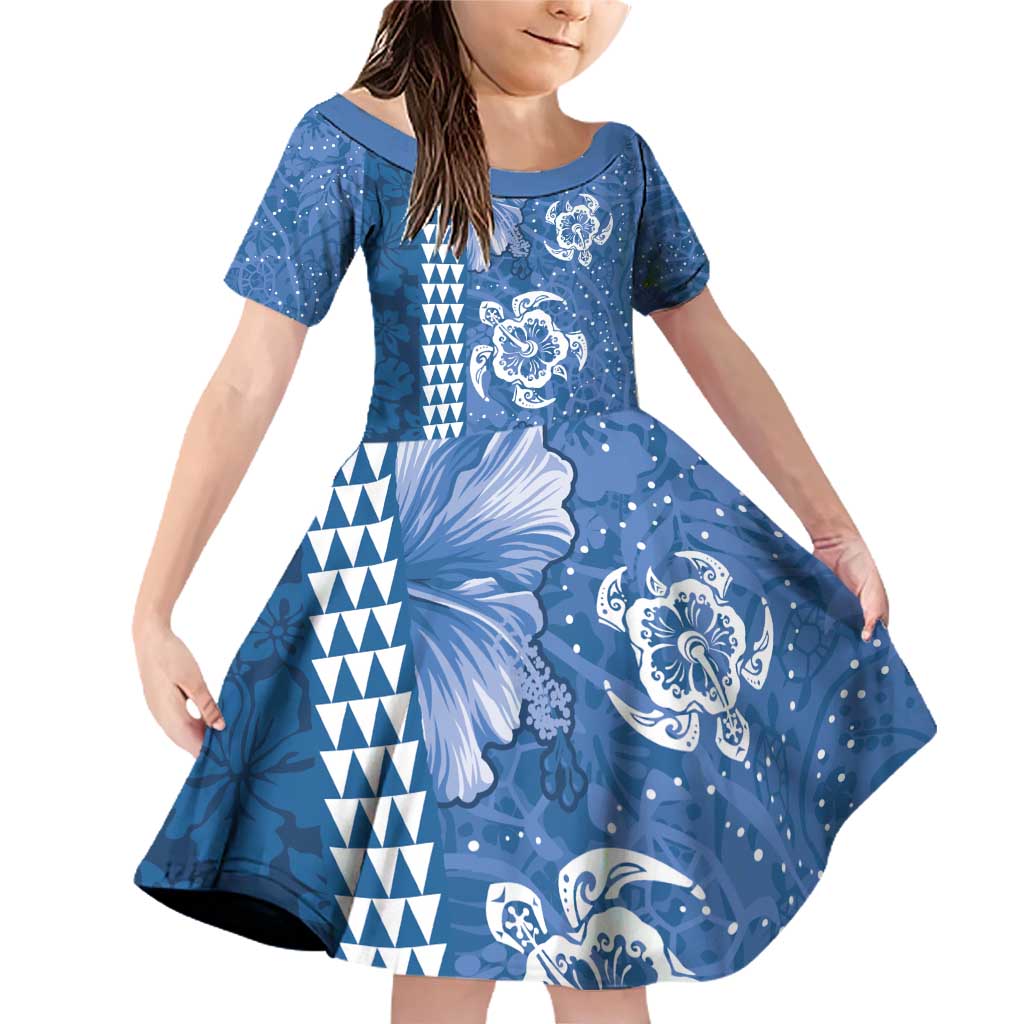 Blue Hibiscus Turle Family Matching Off Shoulder Short Dress and Hawaiian Shirt Hawaiian Style Tribal Tapa Pattern