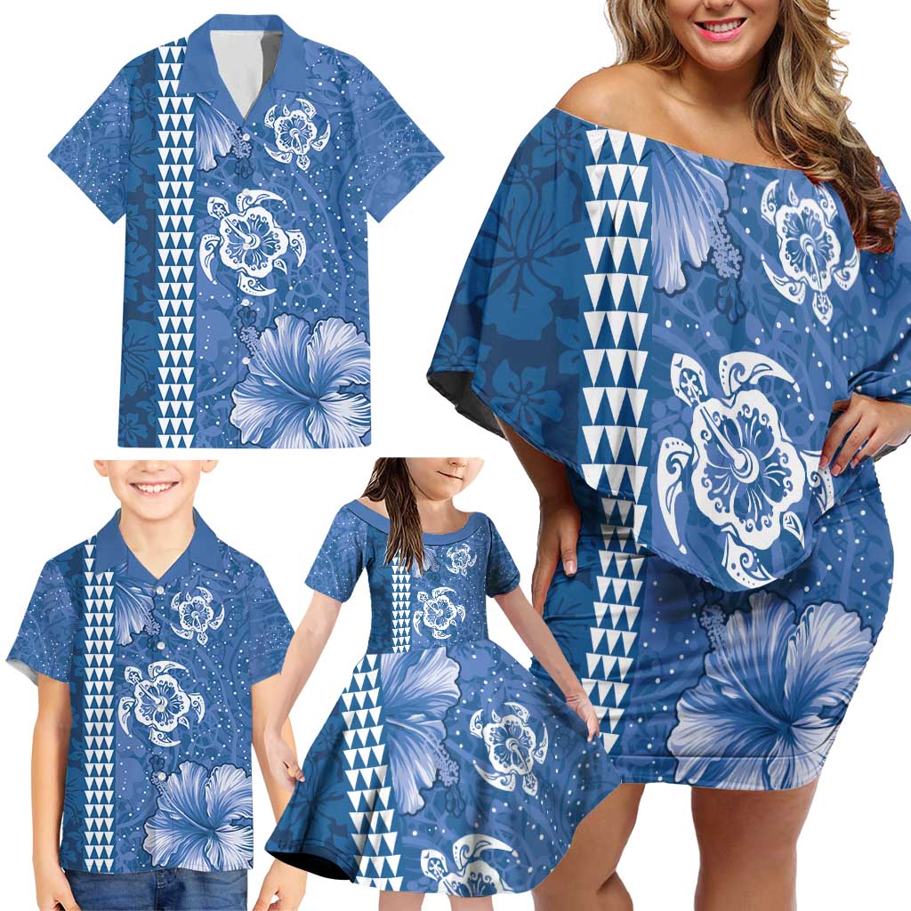Blue Hibiscus Turle Family Matching Off Shoulder Short Dress and Hawaiian Shirt Hawaiian Style Tribal Tapa Pattern
