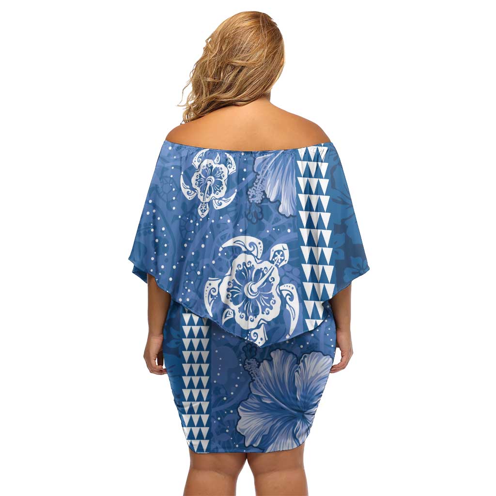 Blue Hibiscus Turle Family Matching Off Shoulder Short Dress and Hawaiian Shirt Hawaiian Style Tribal Tapa Pattern
