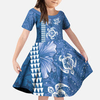 Blue Hibiscus Turle Family Matching Puletasi and Hawaiian Shirt Hawaiian Style Tribal Tapa Pattern LT9 Daughter's Dress Blue - Polynesian Pride