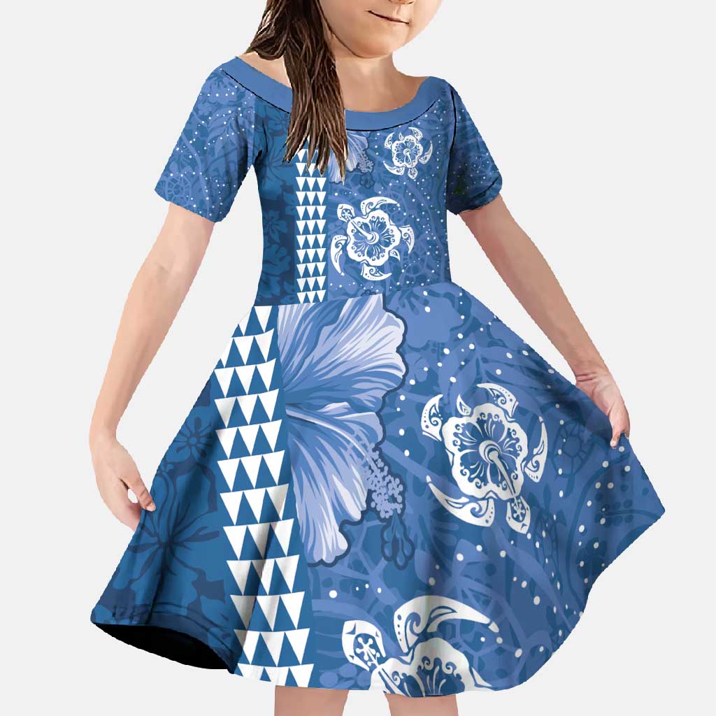Blue Hibiscus Turle Family Matching Short Sleeve Bodycon Dress and Hawaiian Shirt Hawaiian Style Tribal Tapa Pattern LT9 Daughter's Dress Blue - Polynesian Pride