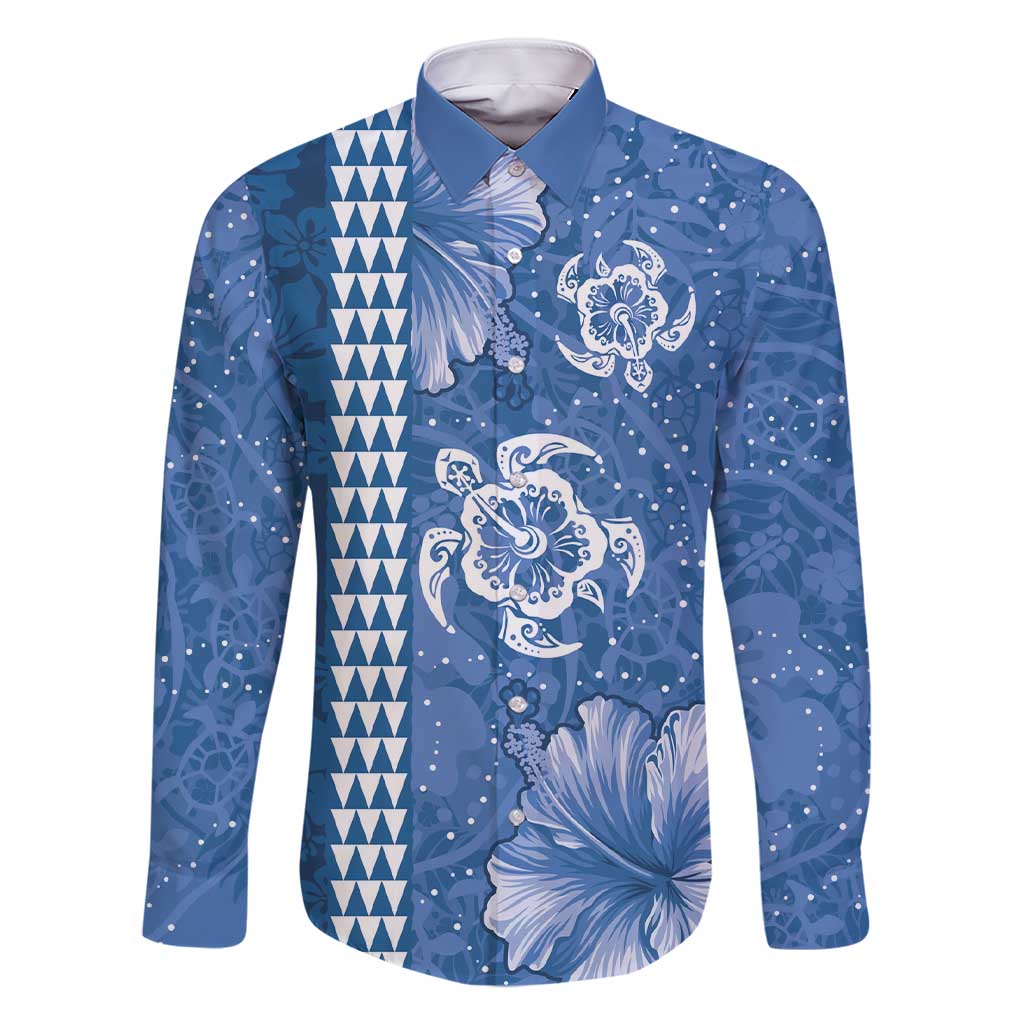 Blue Hibiscus Turle Family Matching Short Sleeve Bodycon Dress and Hawaiian Shirt Hawaiian Style Tribal Tapa Pattern LT9 Dad's Shirt - Long Sleeve Blue - Polynesian Pride