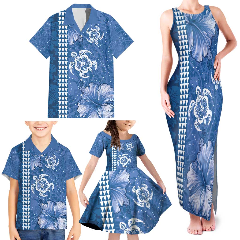 Blue Hibiscus Turle Family Matching Tank Maxi Dress and Hawaiian Shirt Hawaiian Style Tribal Tapa Pattern LT9 - Polynesian Pride