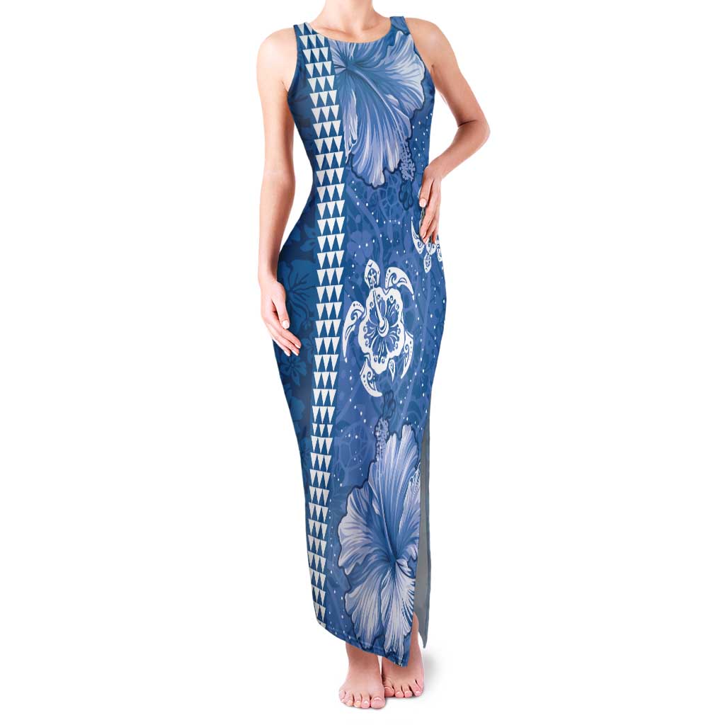 Blue Hibiscus Turle Family Matching Tank Maxi Dress and Hawaiian Shirt Hawaiian Style Tribal Tapa Pattern