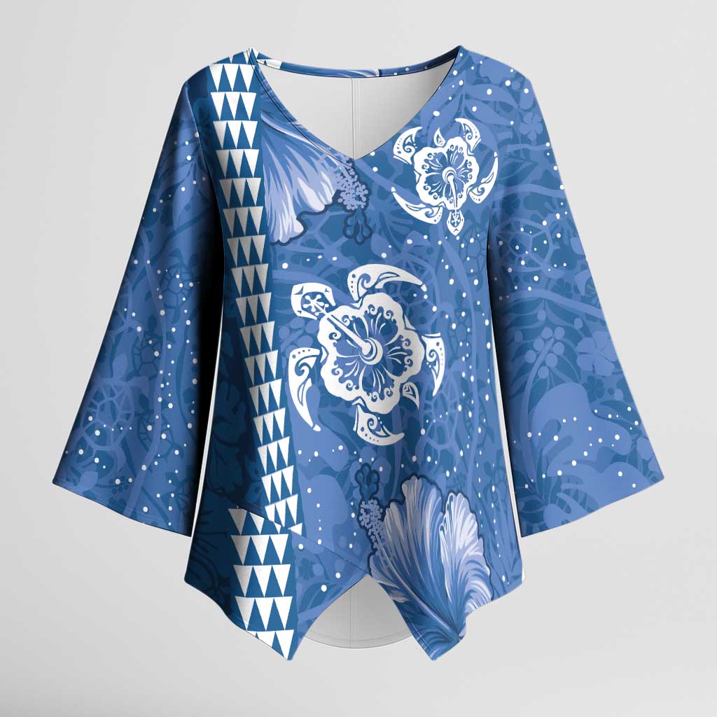 Blue Hibiscus Turle Kimono Sleeve Blouse Hawaiian Style Tribal Tapa Pattern - Polynesian Pride