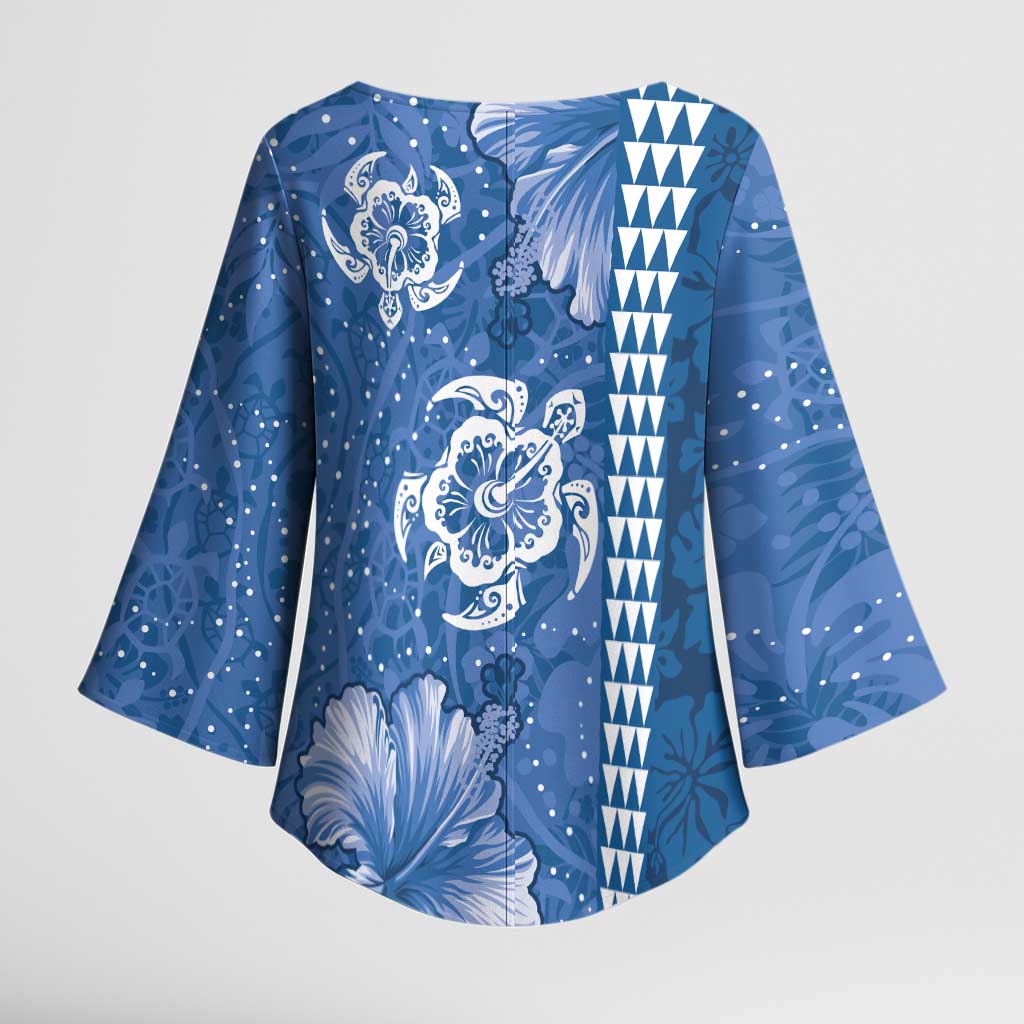 Blue Hibiscus Turle Kimono Sleeve Blouse Hawaiian Style Tribal Tapa Pattern - Polynesian Pride