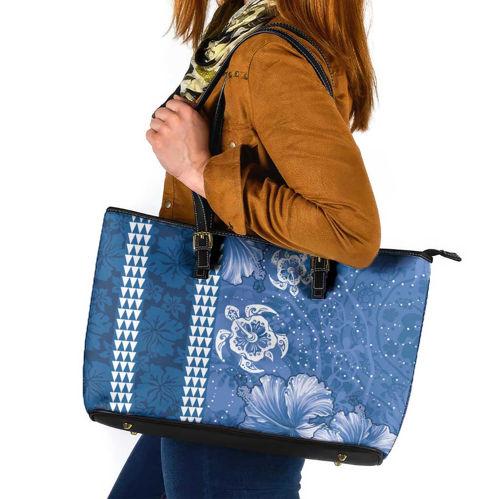 Blue Hibiscus Turle Leather Tote Bag Hawaiian Style Tribal Tapa Pattern LT9 Blue - Polynesian Pride