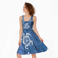 Blue Hibiscus Turle Midi Dress Hawaiian Style Tribal Tapa Pattern - Polynesian Pride