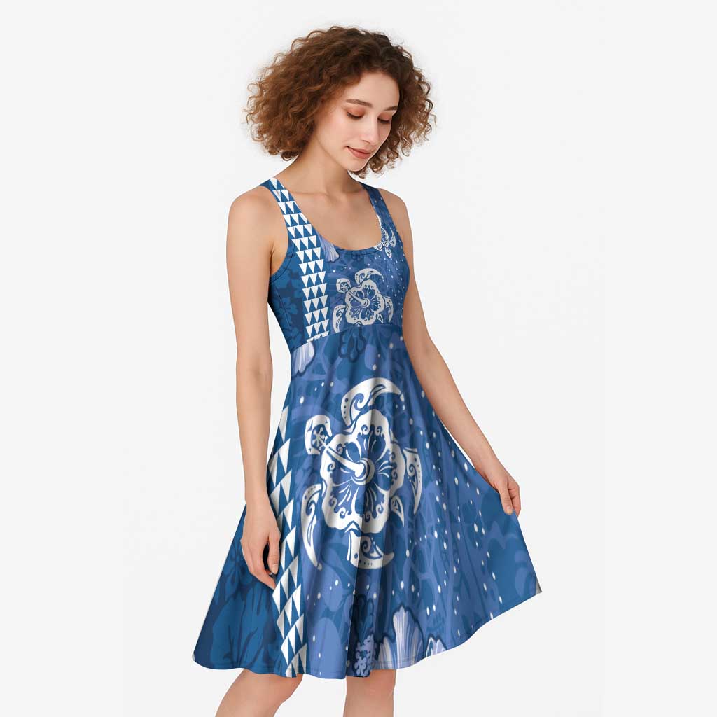 Blue Hibiscus Turle Midi Dress Hawaiian Style Tribal Tapa Pattern - Polynesian Pride