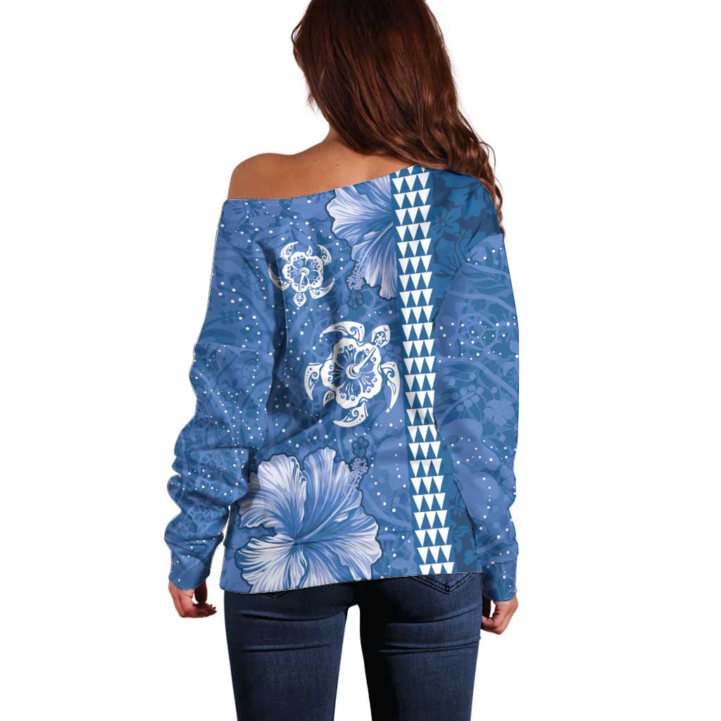 Blue Hibiscus Turle Off Shoulder Sweater Hawaiian Style Tribal Tapa Pattern