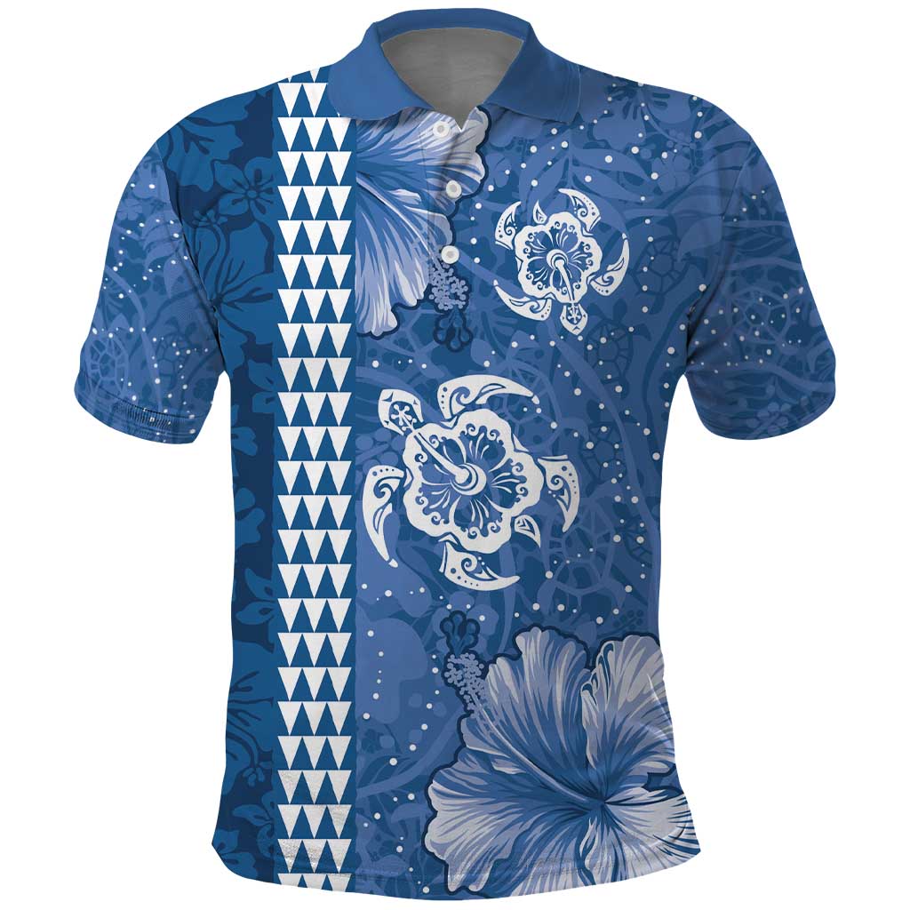 Blue Hibiscus Turle Polo Shirt Hawaiian Style Tribal Tapa Pattern