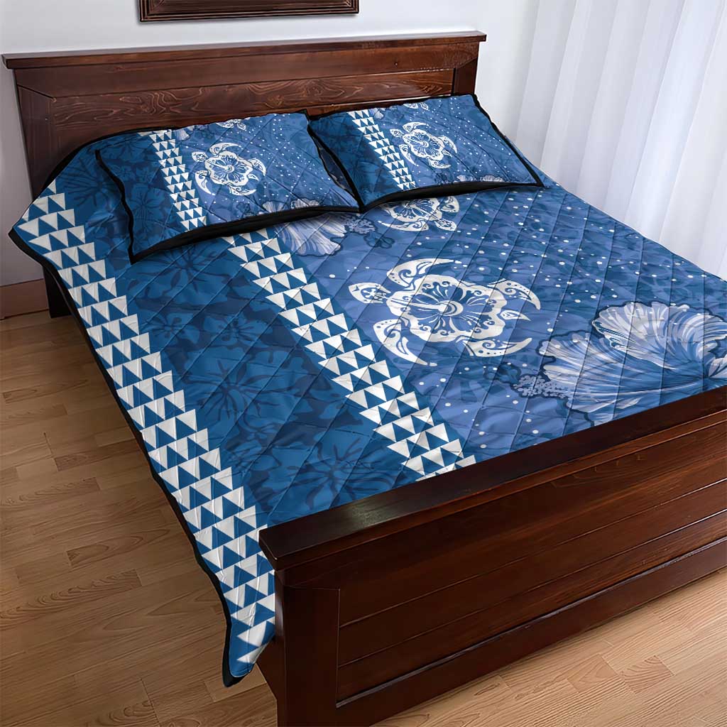Blue Hibiscus Turle Quilt Bed Set Hawaiian Style Tribal Tapa Pattern