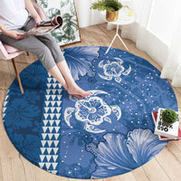Blue Hibiscus Turle Round Carpet Hawaiian Style Tribal Tapa Pattern