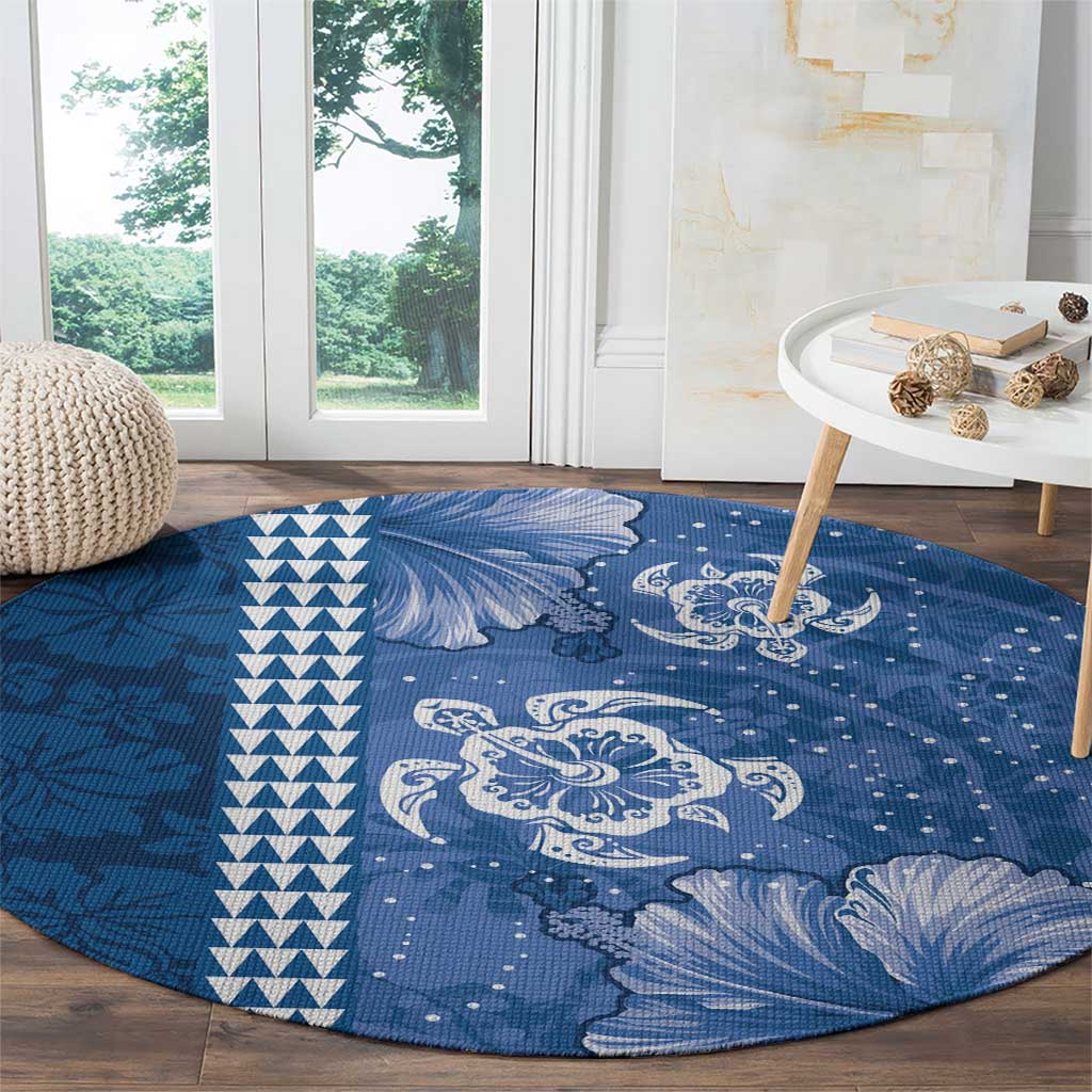 Blue Hibiscus Turle Round Carpet Hawaiian Style Tribal Tapa Pattern
