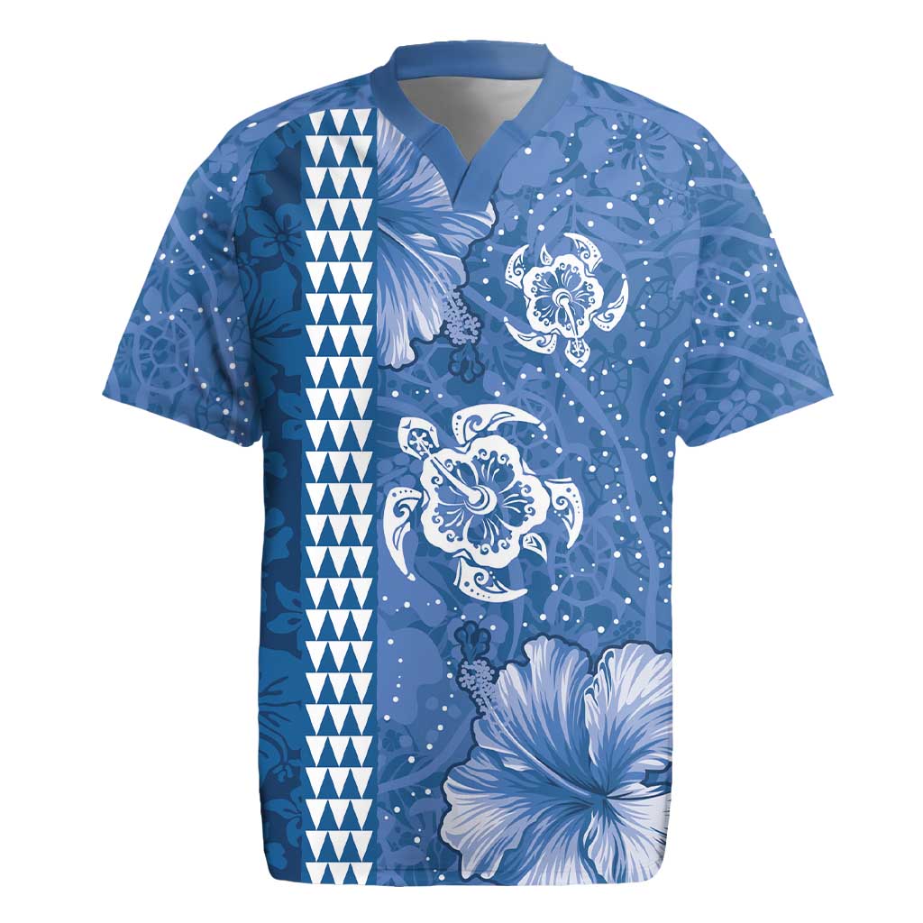 Blue Hibiscus Turle Rugby Jersey Hawaiian Style Tribal Tapa Pattern LT9 Blue - Polynesian Pride