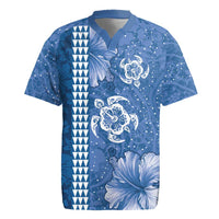 Blue Hibiscus Turle Rugby Jersey Hawaiian Style Tribal Tapa Pattern LT9 Blue - Polynesian Pride